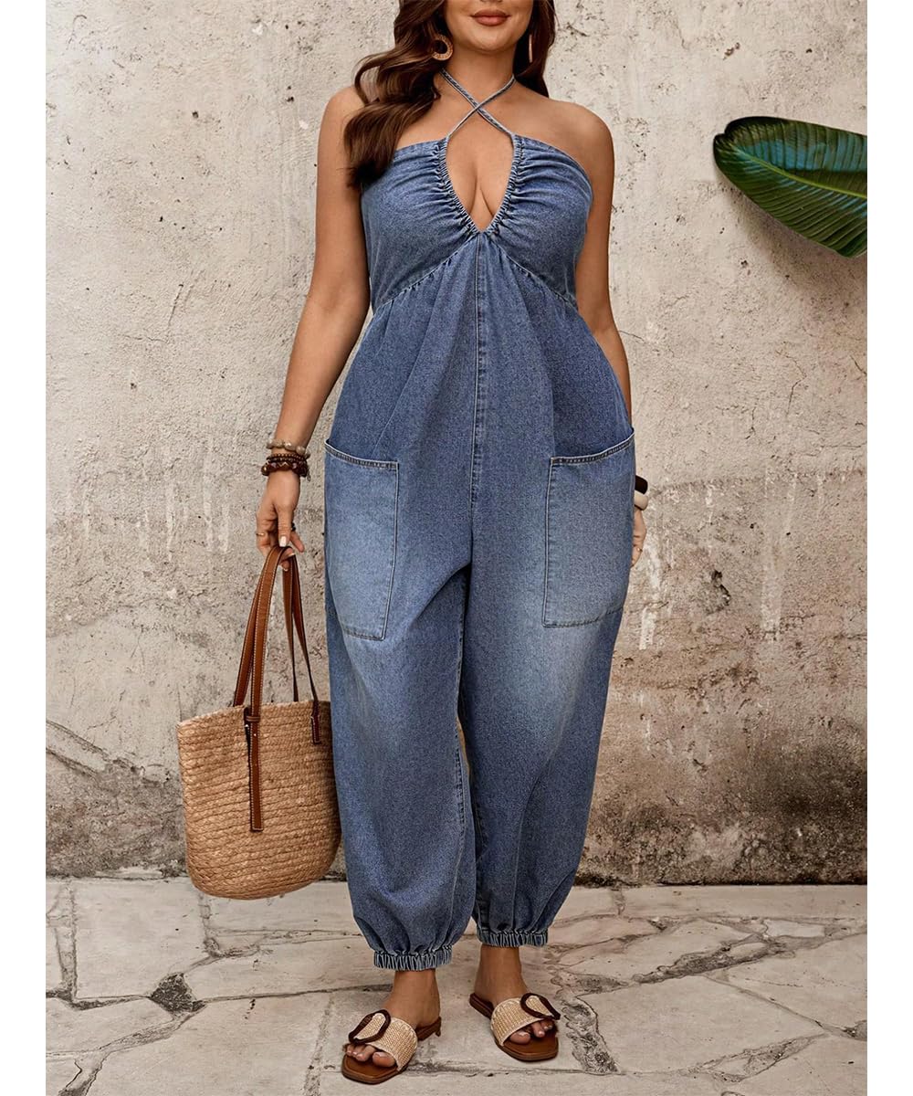 Women's Halter Tie Backless Sleeveless V Neck Baggy Jogger Denim Jumpsuit Casual One Piece Pant Outfit