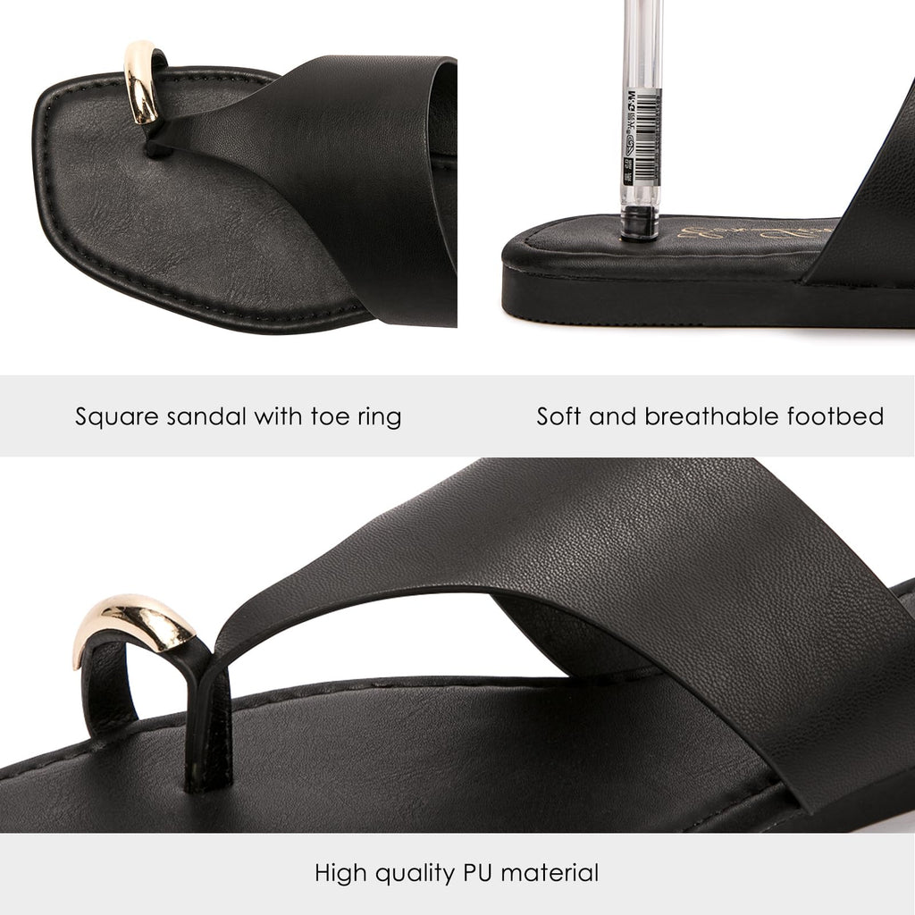 Eozlink Women's Toe Ring Flat Sandals, Slip On Dressy Summer Slides | PU Upper with Square Toe and Metal Accent for Resort and Casual Outfits