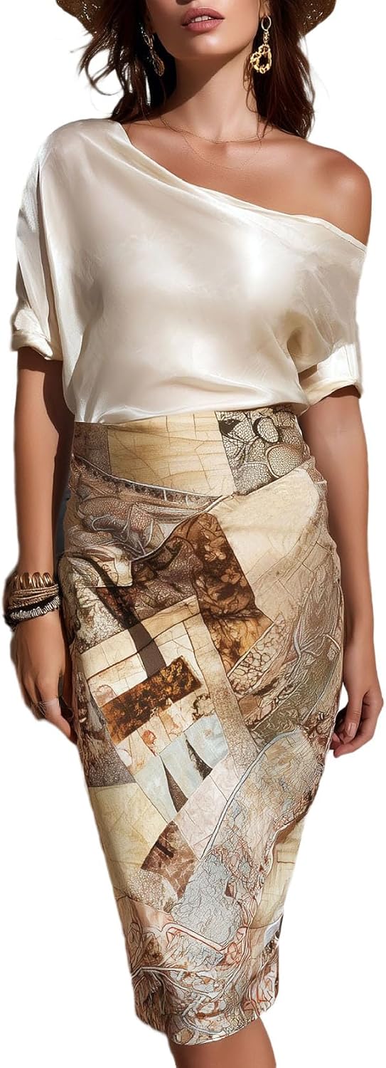 THLAI Womens Elegant Two Piece Off-Shoulder Satin Top & Abstract Print Midi Skirt Set Vacation Outfit