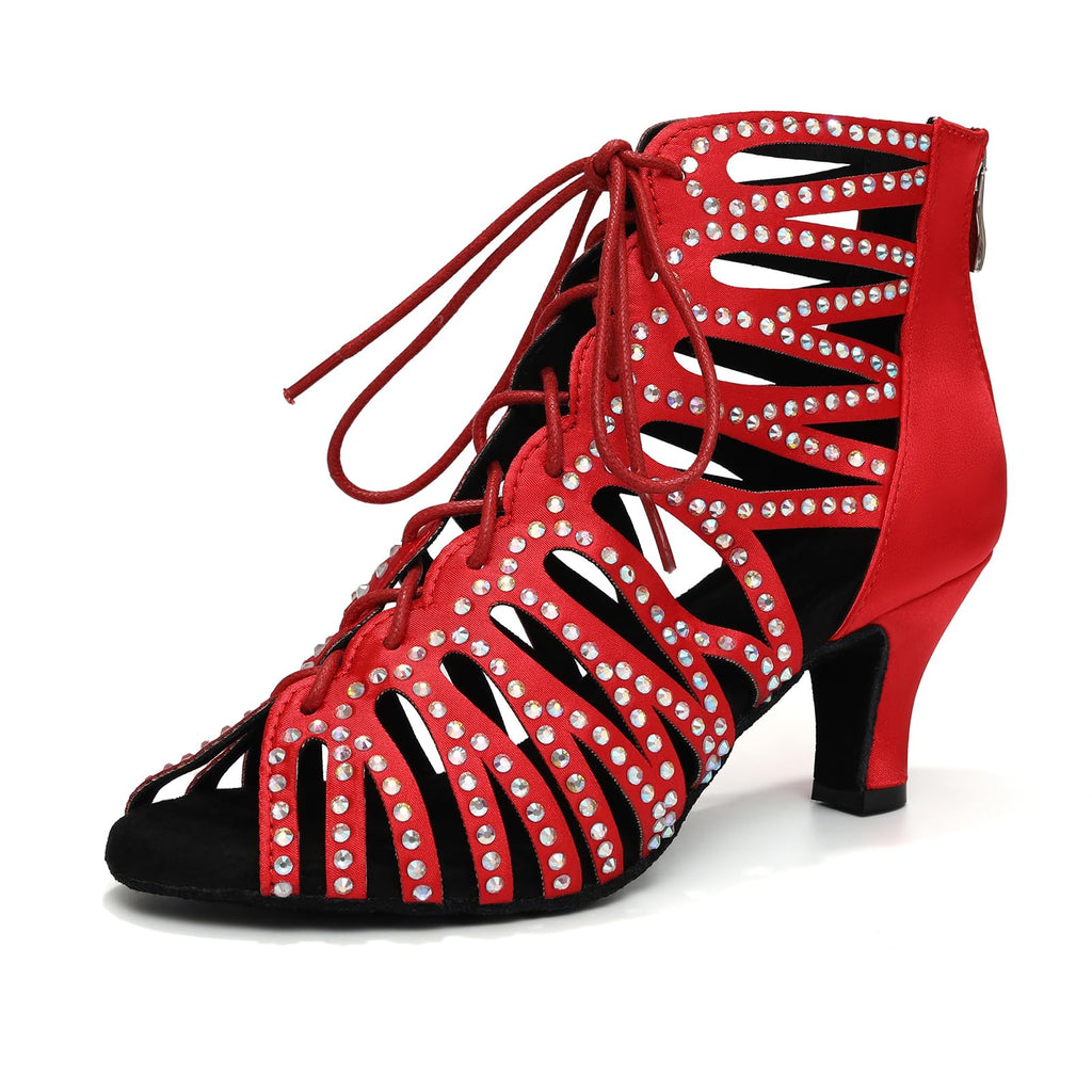 HIPPOSEUS Women's Rhinestone Latin Dance Boots | sparkly and smooth,open toe,lace-up,ankle ballroom dance shoes