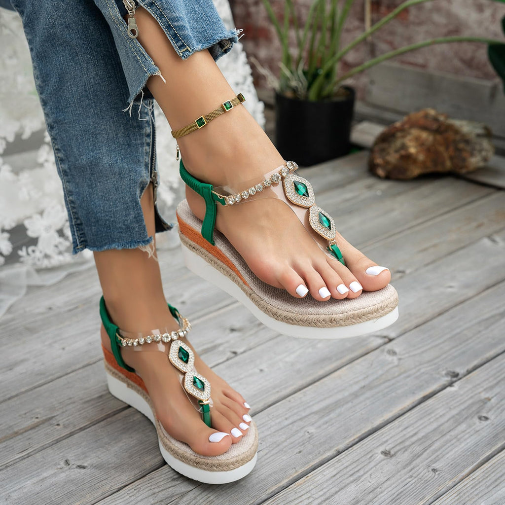 Women's Sparkly Rhinestone Wedge Sandals, Casual Platform Jeweled Sandals Summer Dressy Flip Flops Comfort Walking Thong Sandals Bohemian Beach Wedding Dress Shoes