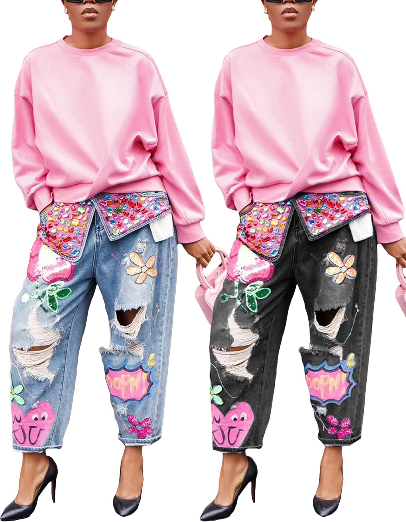 Women's Barrel Jeans Wide Leg High Waist Rhinestone Floral Horseshoe Ripped Baggy Cropped Jeans Denim Pants