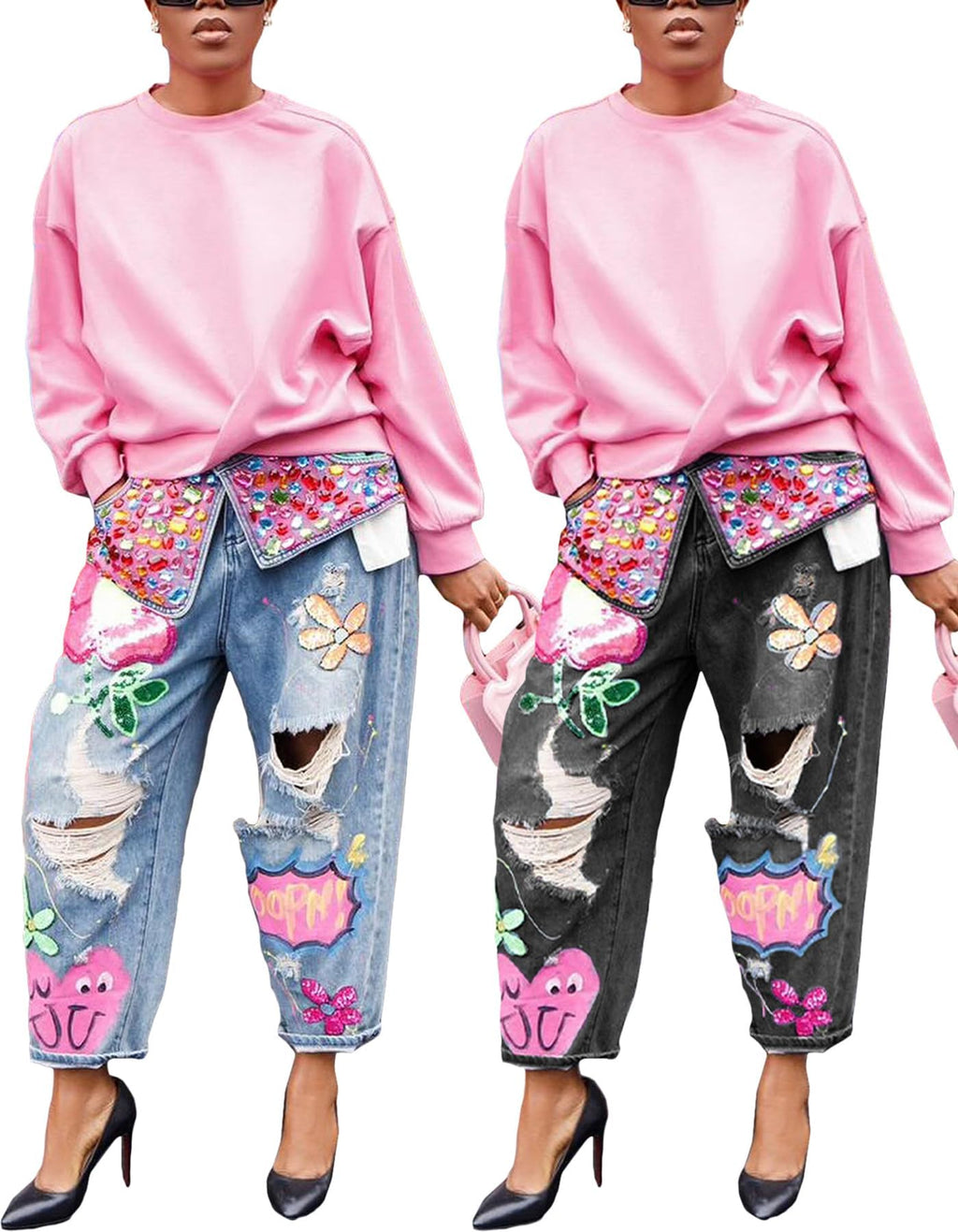 Women's Barrel Jeans Wide Leg High Waist Rhinestone Floral Horseshoe Ripped Baggy Cropped Jeans Denim Pants