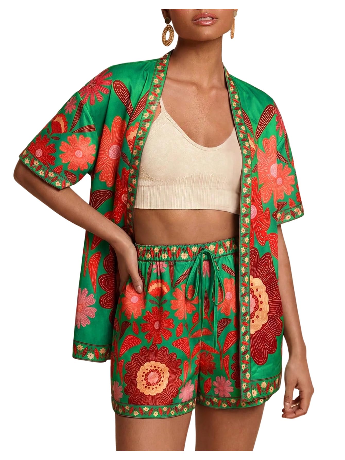 MakeMeChic Women's Two Piece Sets Summer Tropical Vacation Outfits Boho Floral Kimono Tops Shorts Set