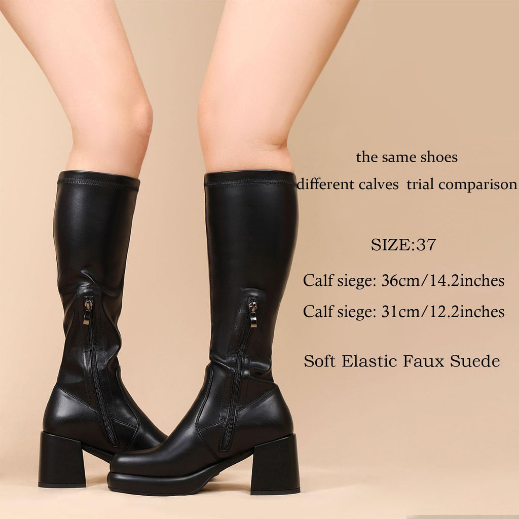 LanreyTaley Elastic Women Knee High Boots Platform Chunky Heel Tall Boots Suede Dress Boots Side Zipper Stretch Boots Fall