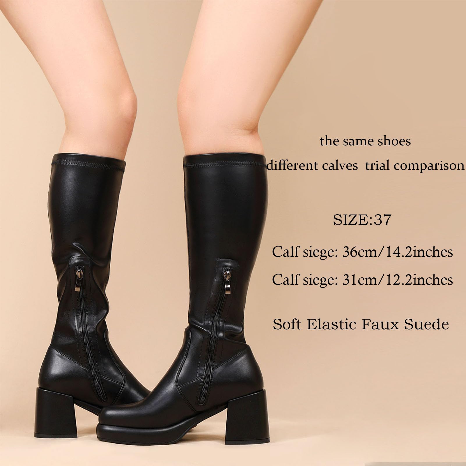 LanreyTaley Elastic Women Knee High Boots Platform Chunky Heel Tall Boots Suede Dress Boots Side Zipper Stretch Boots Fall
