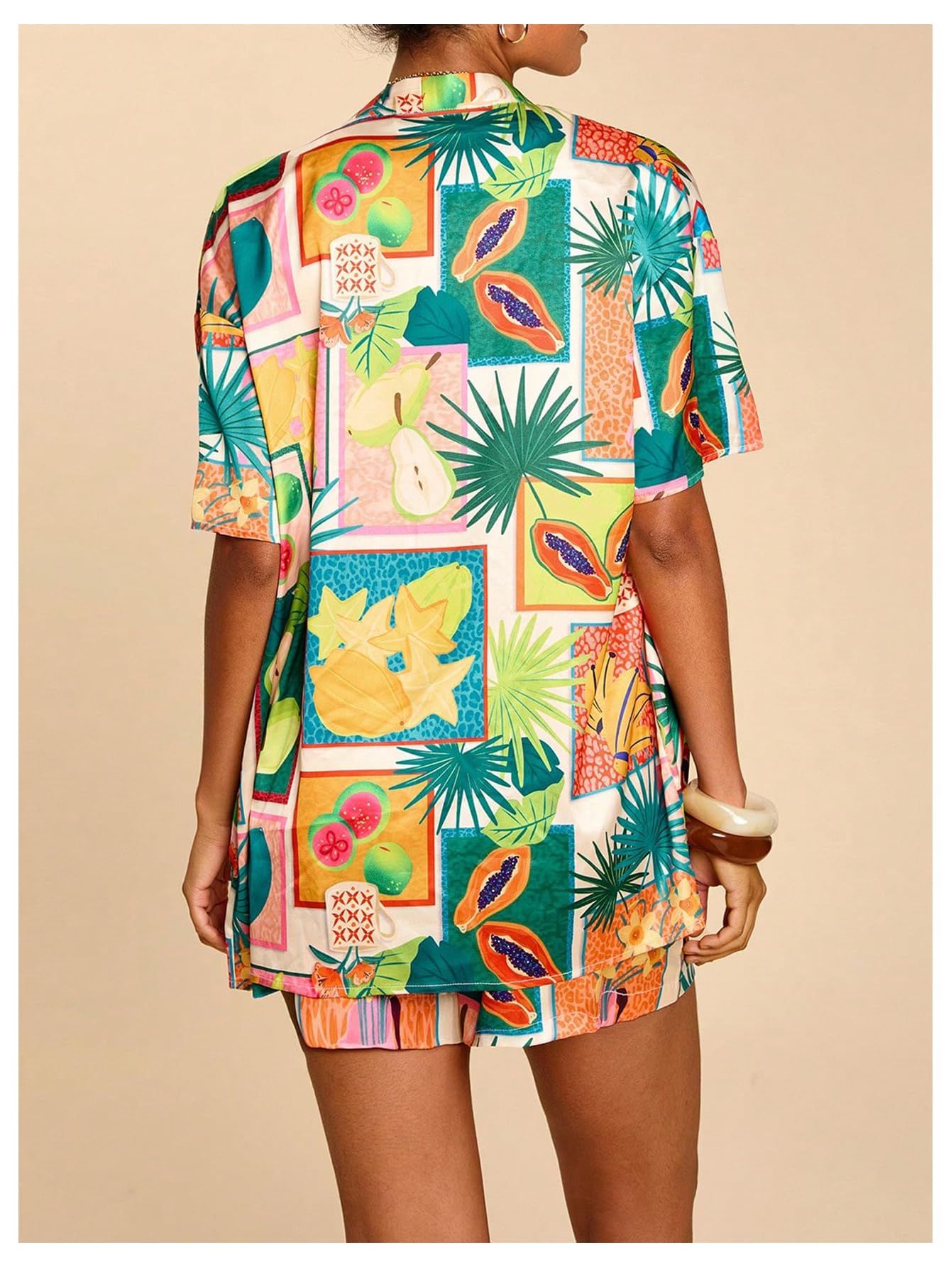 MakeMeChic Women's Two Piece Sets Summer Tropical Vacation Outfits Boho Floral Kimono Tops Shorts Set