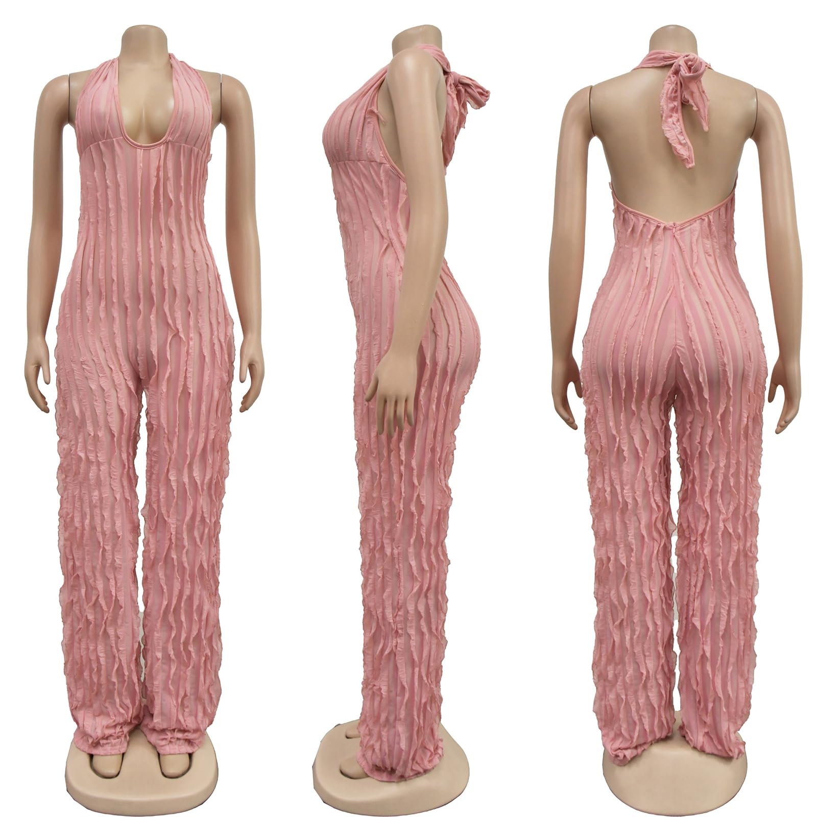 YBSKG Summer Halter Backless Jumpsuits for Women One Piece Wide Long Pants | Sexy See Through V Neck Tie Pleated One Piece Wide Leg Long Pants Romper
