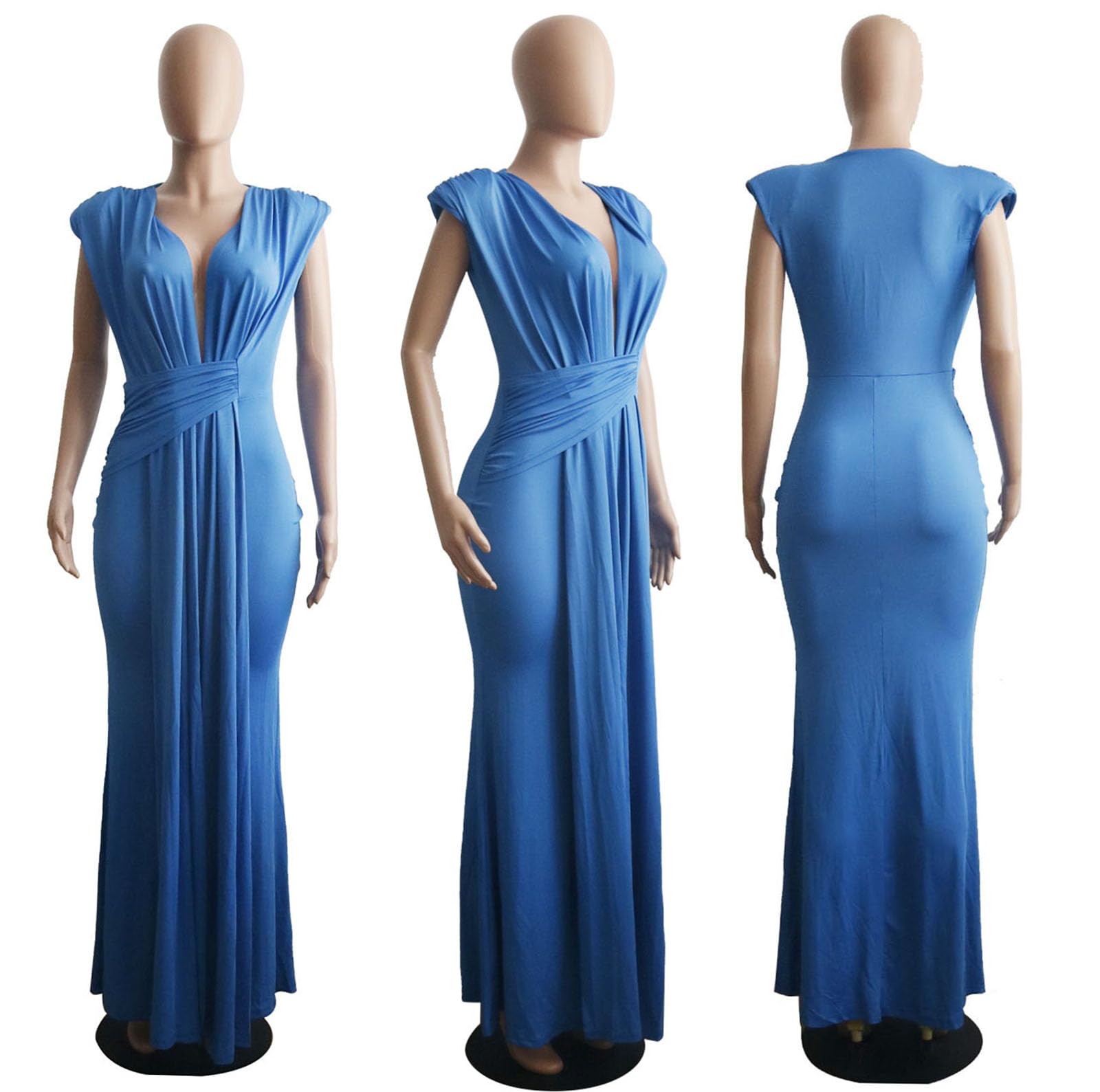 Yuopeid Women's Sexy Sleeveless Deep V Neck Fashion Ruched Bodycon Floor Length Formal Evening Party Maxi Long Dress