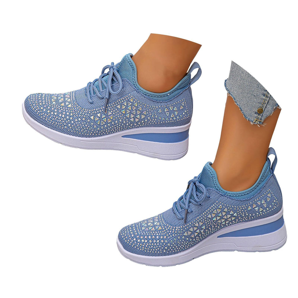 Rhinestone Wedge Sneakers for Women Dressy Fashion Breathable Spakle Glitter Wedding Sneakers for Bride Orthopedic Wedge Lightweight Shoes Sparkly Chunky Mesh Slip on Elastic Tennis Walking Shoes