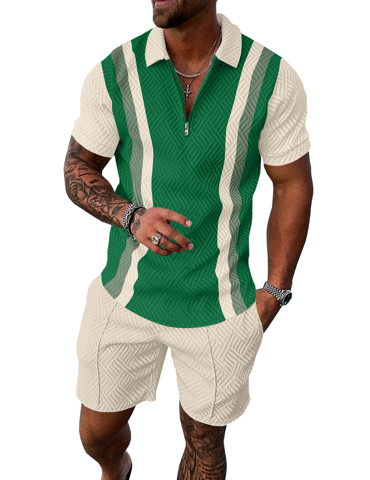Mens Summer Track Suits 2 Piece Shorts Sets Short Sleeve Sweatsuit Outfits 1/4 Zip Golf Polo Splicing Striped Shirts