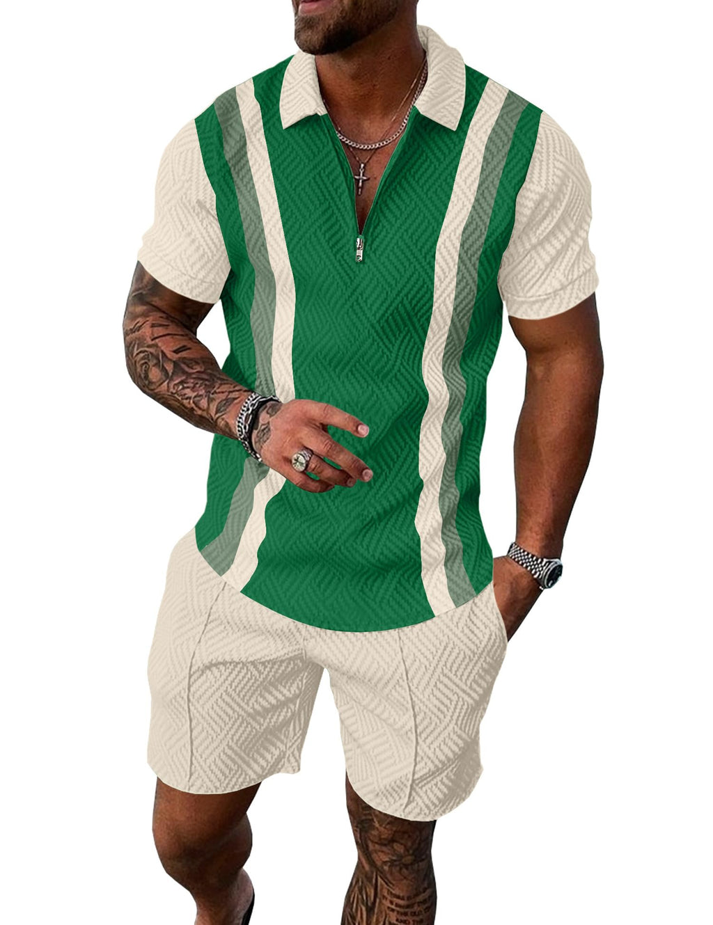 Mens Summer Track Suits 2 Piece Shorts Sets Short Sleeve Sweatsuit Outfits 1/4 Zip Golf Polo Splicing Striped Shirts