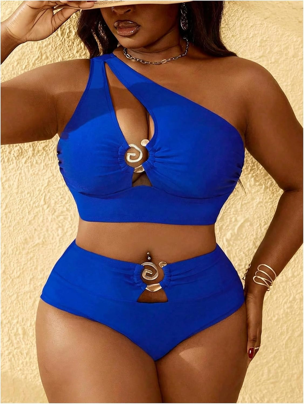 SOLY HUX Women's Plus Size Swimsuit One Shoulder Ring Bikini Sets | High Waist Cut Out Two Piece Bathing Suits, Curvy Summer Beach Vacation Swimwear