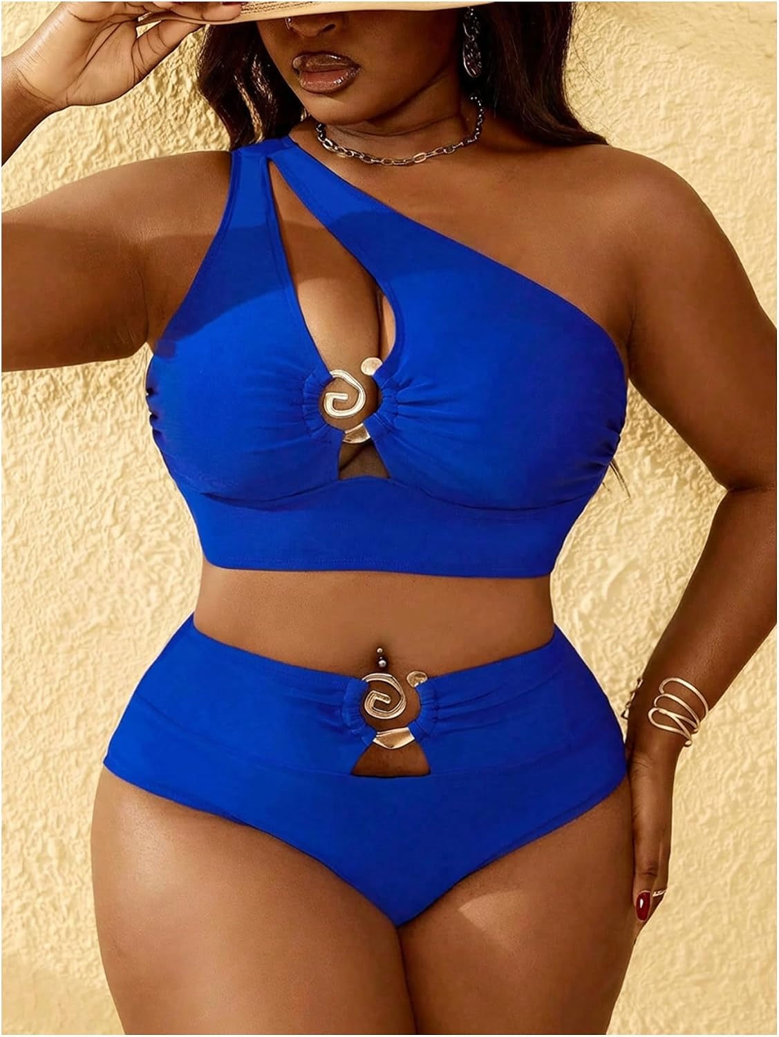 SOLY HUX Women's Plus Size Swimsuit One Shoulder Ring Bikini Sets | High Waist Cut Out Two Piece Bathing Suits, Curvy Summer Beach Vacation Swimwear