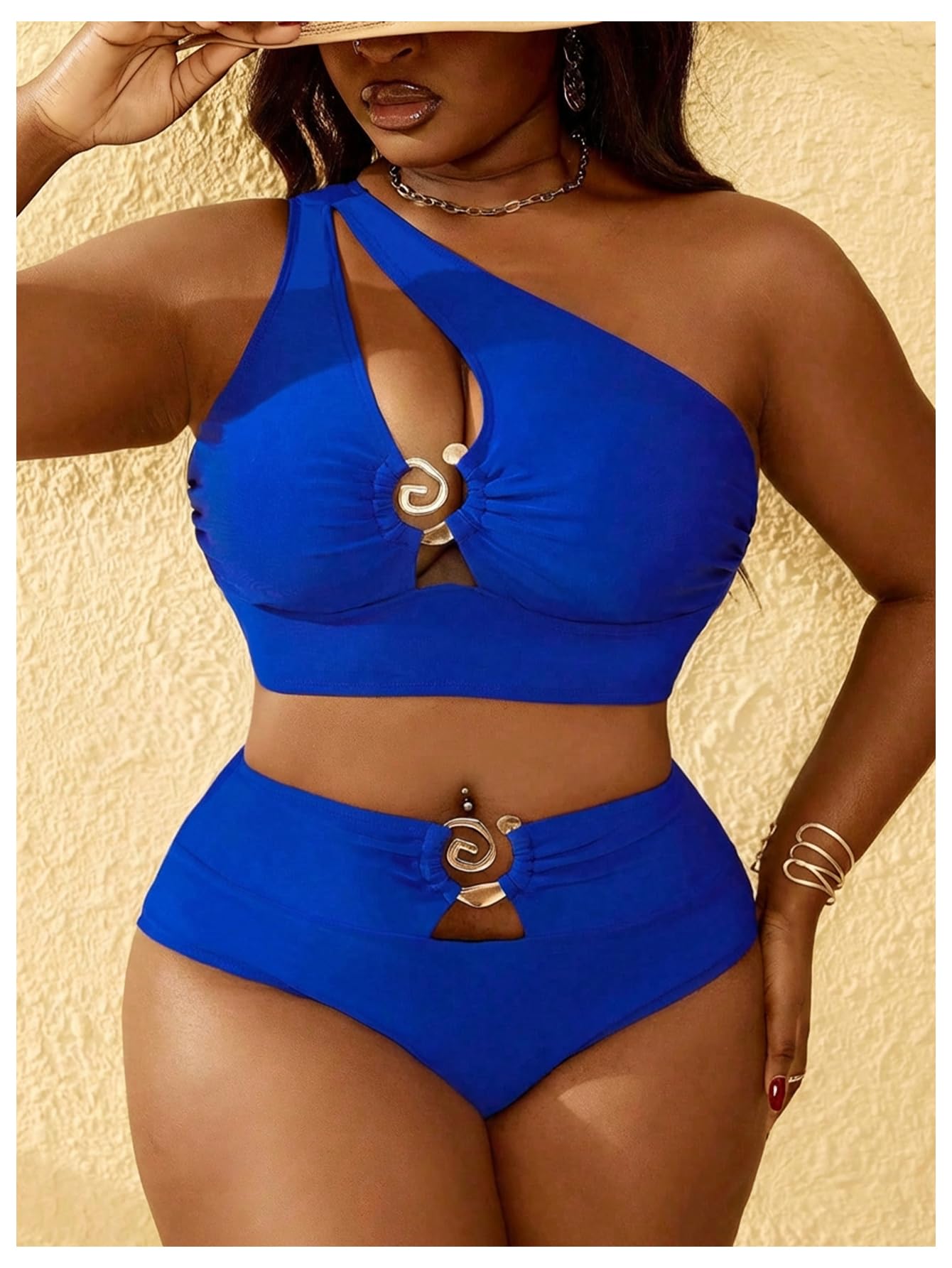SOLY HUX Women's Plus Size Swimsuit One Shoulder Ring Bikini Sets | High Waist Cut Out Two Piece Bathing Suits, Curvy Summer Beach Vacation Swimwear