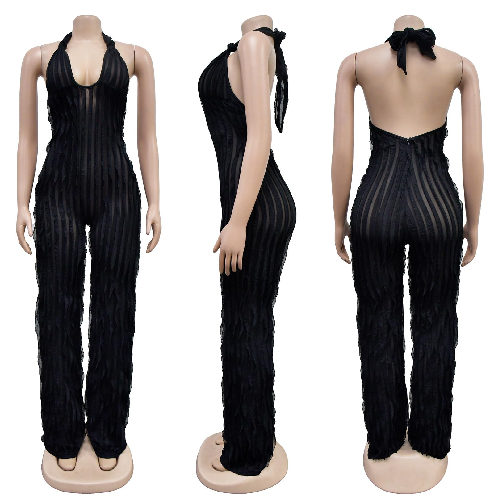 YBSKG Summer Halter Backless Jumpsuits for Women One Piece Wide Long Pants | Sexy See Through V Neck Tie Pleated One Piece Wide Leg Long Pants Romper