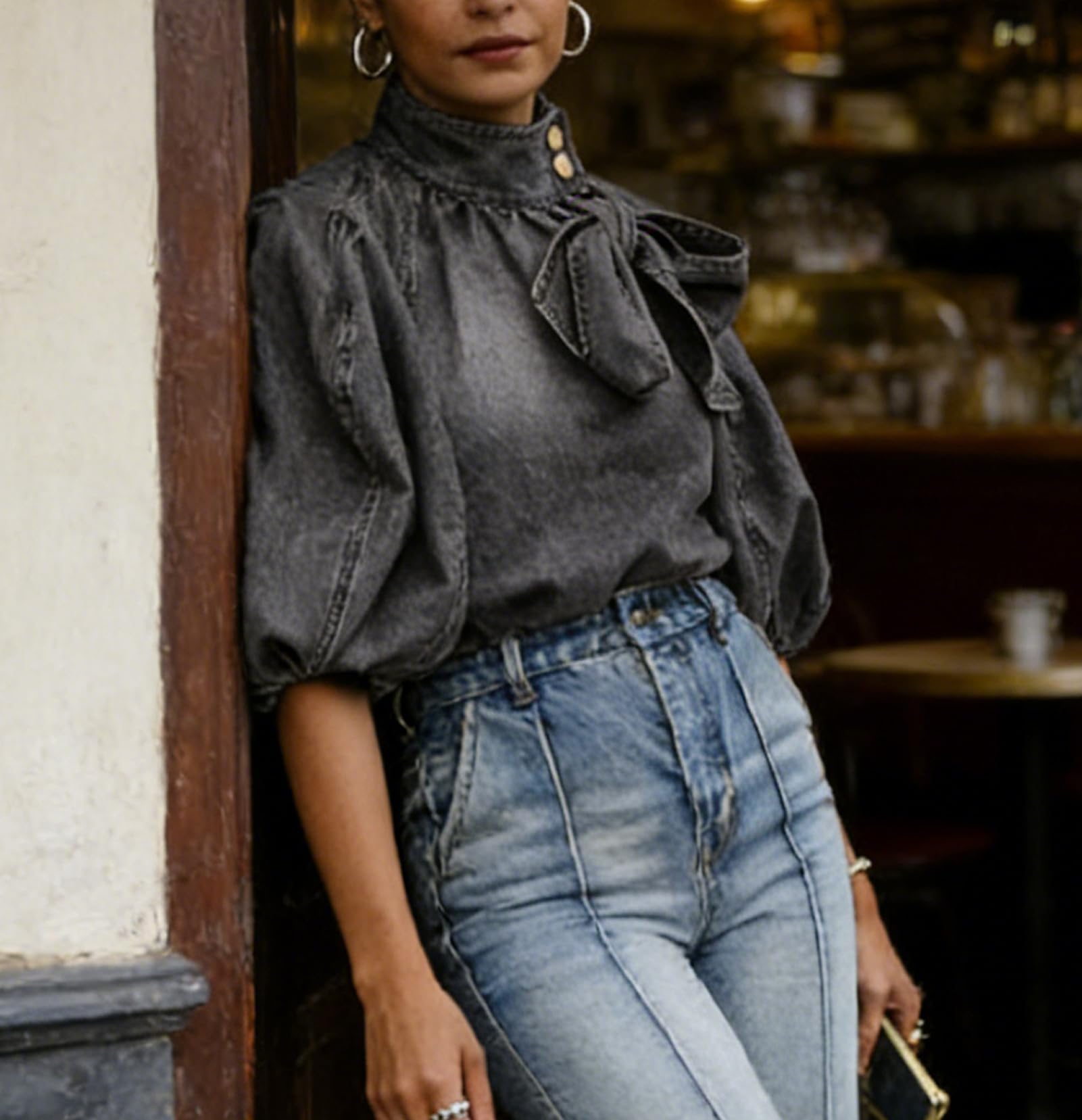 Women's Bow Design Denim Pullover Top Button Up High Neck Fashionable Jacket with Elastic and Puff Sleeves