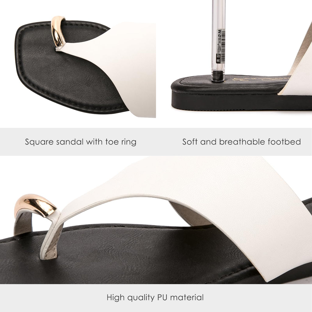 Eozlink Women's Toe Ring Flat Sandals, Slip On Dressy Summer Slides | PU Upper with Square Toe and Metal Accent for Resort and Casual Outfits