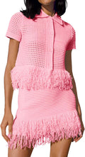 Fisoew Womens 2 Piece Outfits Crochet Short Sleeve Button Knit Sweater Tops and Fringe Skirt Vacation Sets