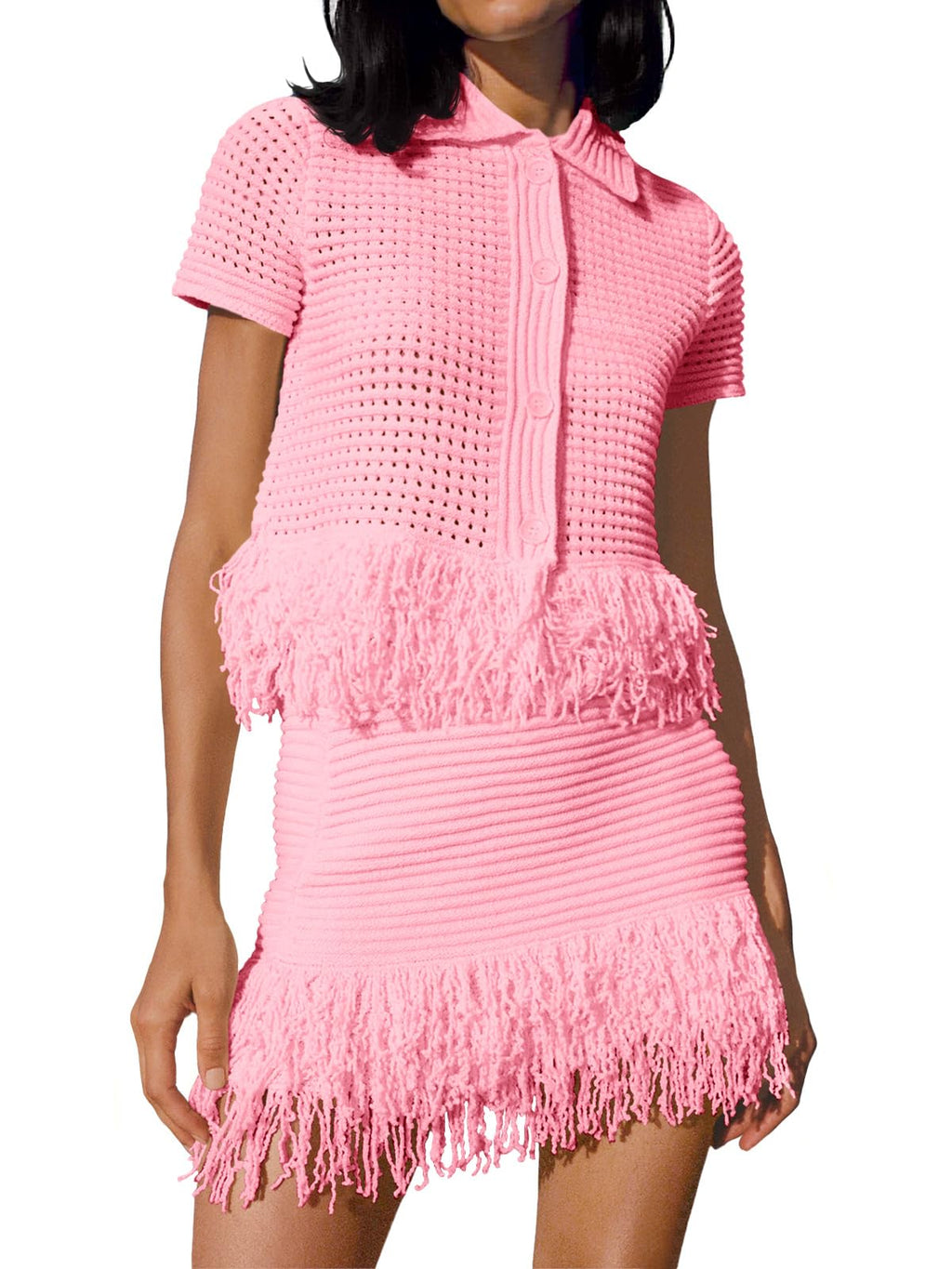 Fisoew Womens 2 Piece Outfits Crochet Short Sleeve Button Knit Sweater Tops and Fringe Skirt Vacation Sets