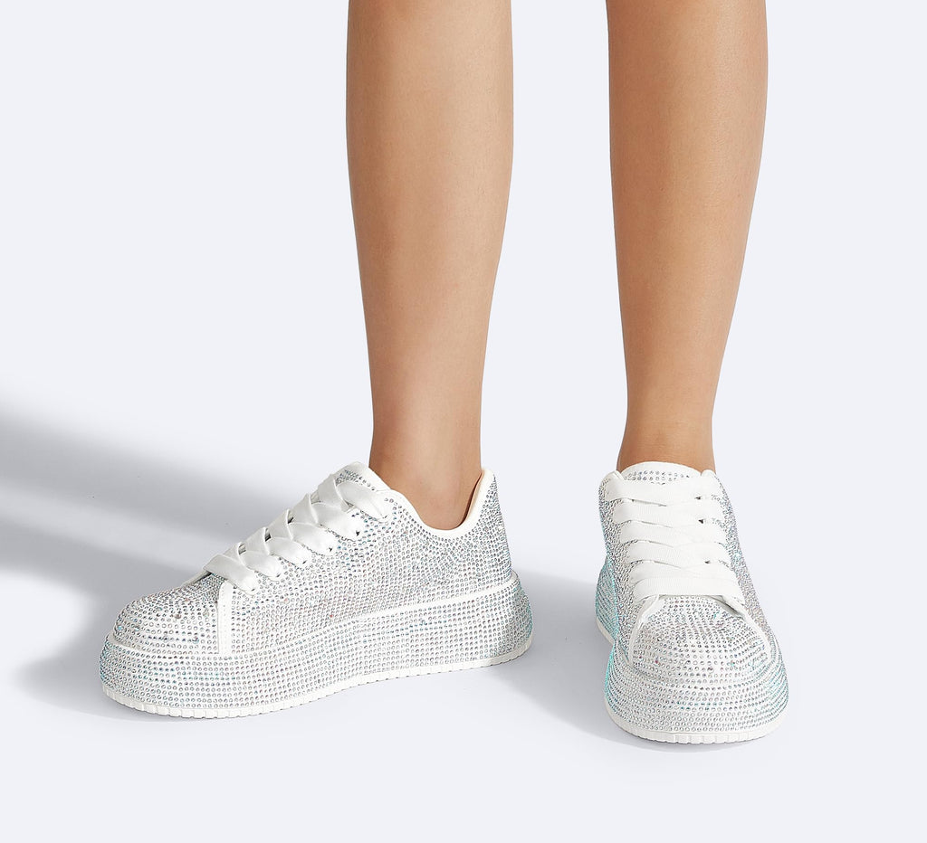 LUCKY STEP Rhinestone Platform Sneakers for Women | Sparkly Glitter Bling Tennis Shoes Fashion Wedding Party Walking Sneakers