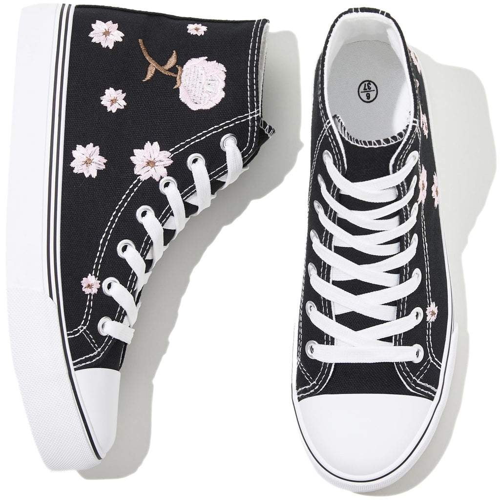 kufeiti Women's High Top Canvas Sneakers Casual Walking Shoes | embroidered,breathable canvas upper,lace up high top,non slip,easy match