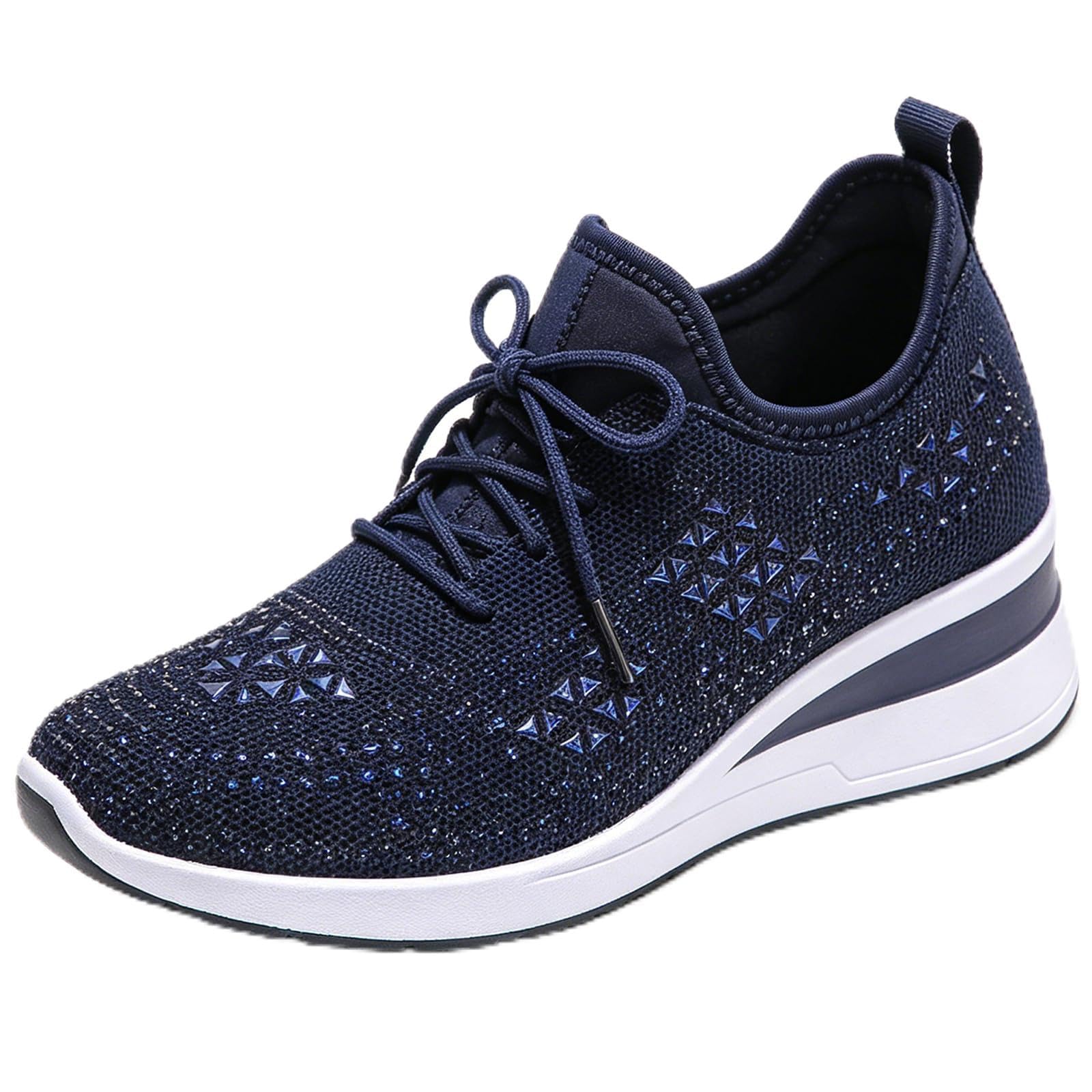 Glitter Rhinestone Wedge Sneakers with Lace-Up for Women Fashion Shiny Sequin Comfort Orthopedic Breathable Mesh Round Toe Soft Sole Tennis Walking Shoes