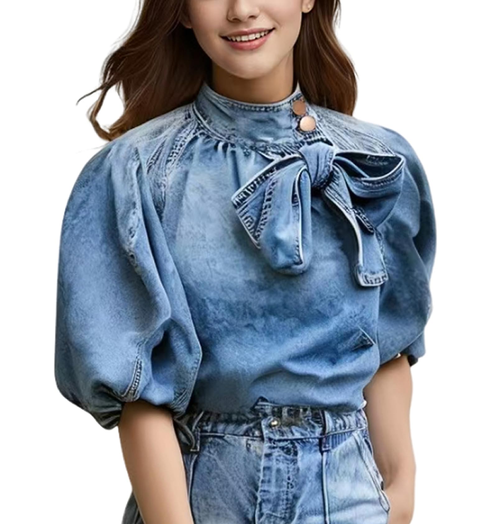 Women's Bow Design Denim Pullover Top Button Up High Neck Fashionable Jacket with Elastic and Puff Sleeves