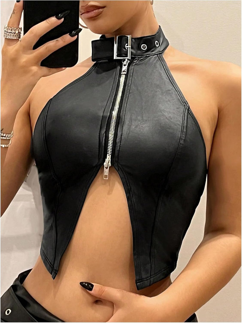 OYOANGLE Women's Leather Asymmetrical Halter Top | Y2k Backless Buckle Zipper Front Crop Tank Tops, Party, Rave Concert, Clubwear