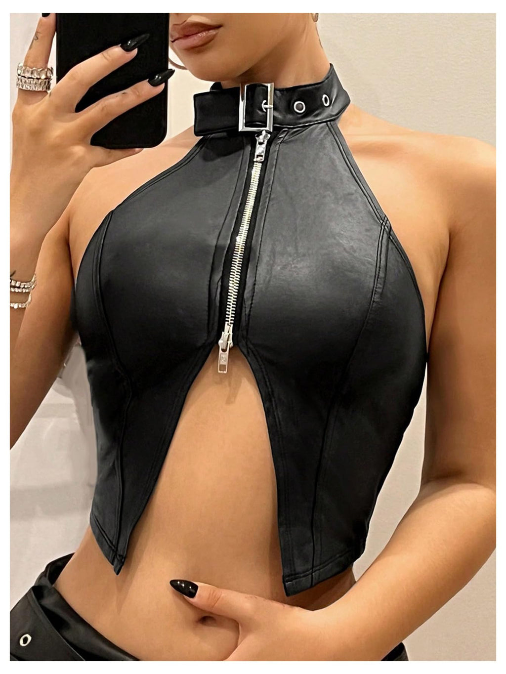 OYOANGLE Women's Leather Asymmetrical Halter Top | Y2k Backless Buckle Zipper Front Crop Tank Tops, Party, Rave Concert, Clubwear