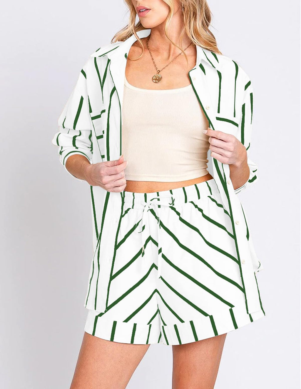 Women's Striped 2 Piece Outfits Casual Oversized Button Down Shirts and Short Lounge Pajamas Set