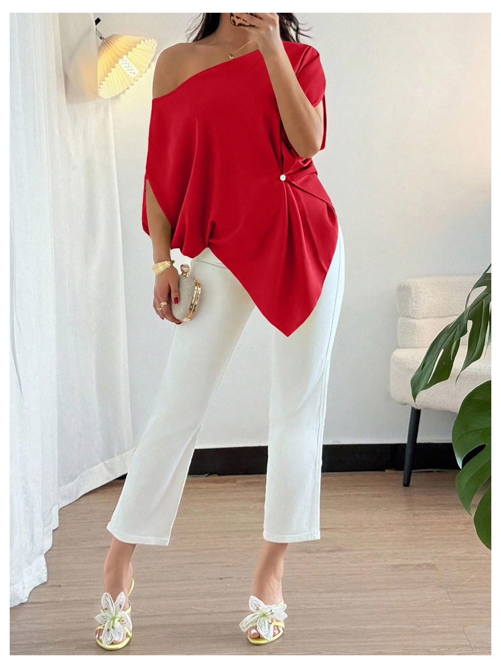 SHENHE Women's Off Shoulder Dolman Sleeve Blouses Asymmetrical Flowy Tops | Casual, Loose, Blouses With Waist Pleats, Asymmetrical, Elegant