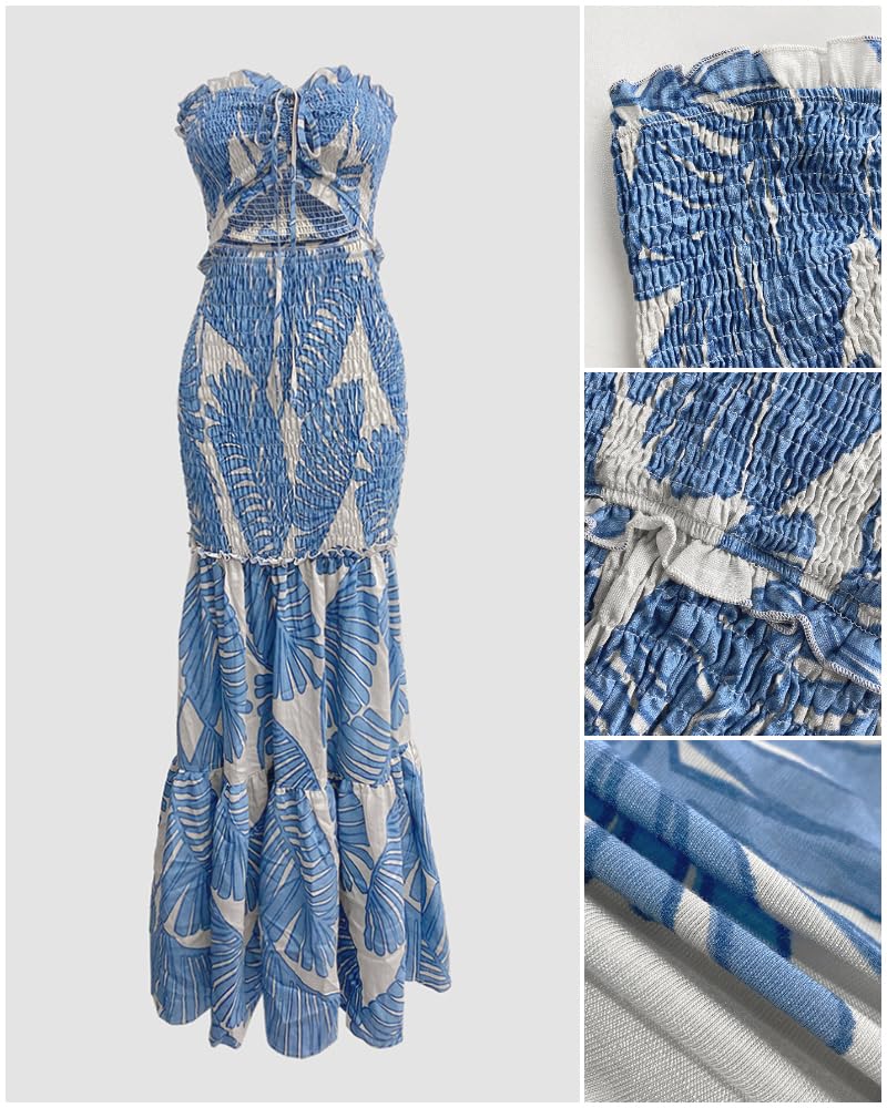 CHICME Floral Vacation Dress Halter Tie Ruched Womens Maxi Dress | Sleeveless Slim Dress, 3-Way Tie: Halter, Bow or Strapless,Ruffle Mermaid Hem for Party,Vacation,Wedding Guest