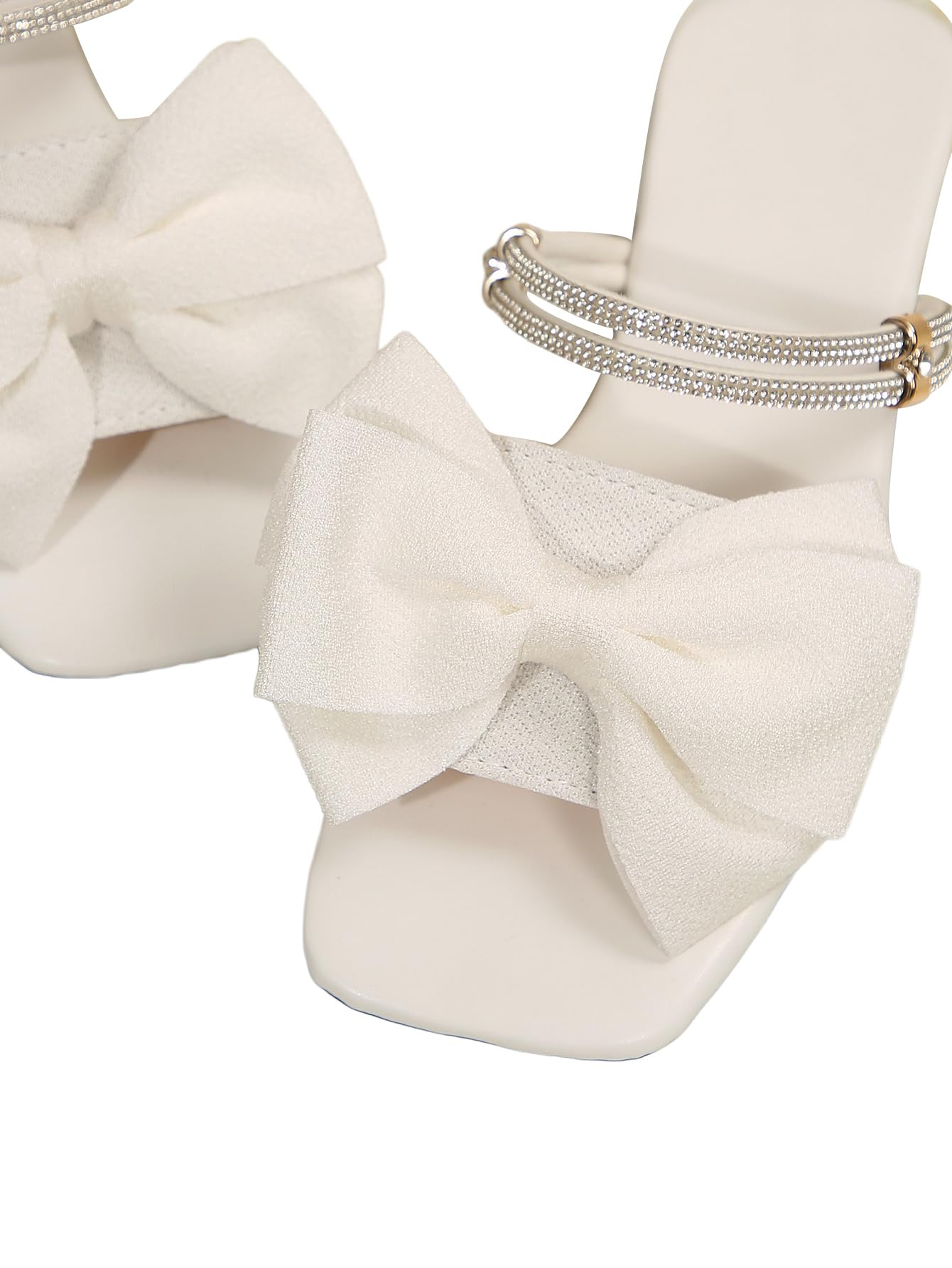 GORGLITTER Women's Bow Flat Sandals Dressy Rhinestone Comfortable Sandals | Cute Slip On Slides, Strappy Flats, Square Toe, Sparkly Dressy Party Wedding Sandals for Bride