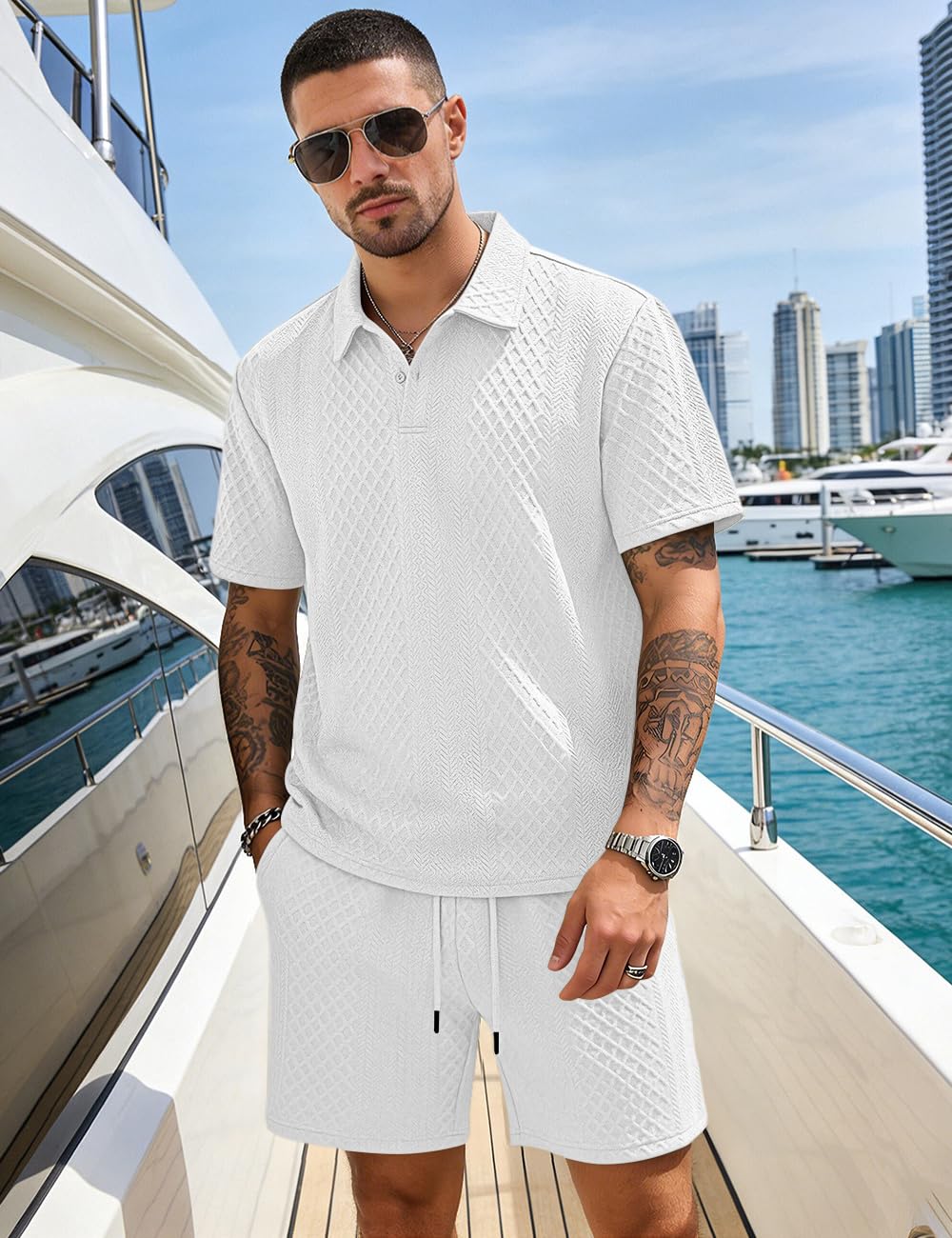 Men's 2 Pieces Outfits Casual Polo Shirt and Shorts Set Collar Athletic Jogging Summer Tracksuit