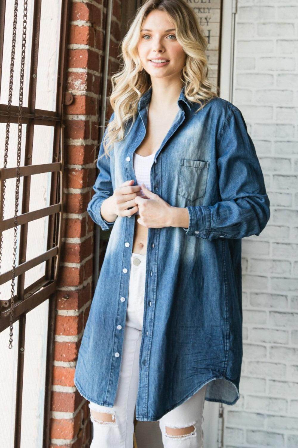 Veveret Pocketed Button Up Washed Denim Shirt for Women