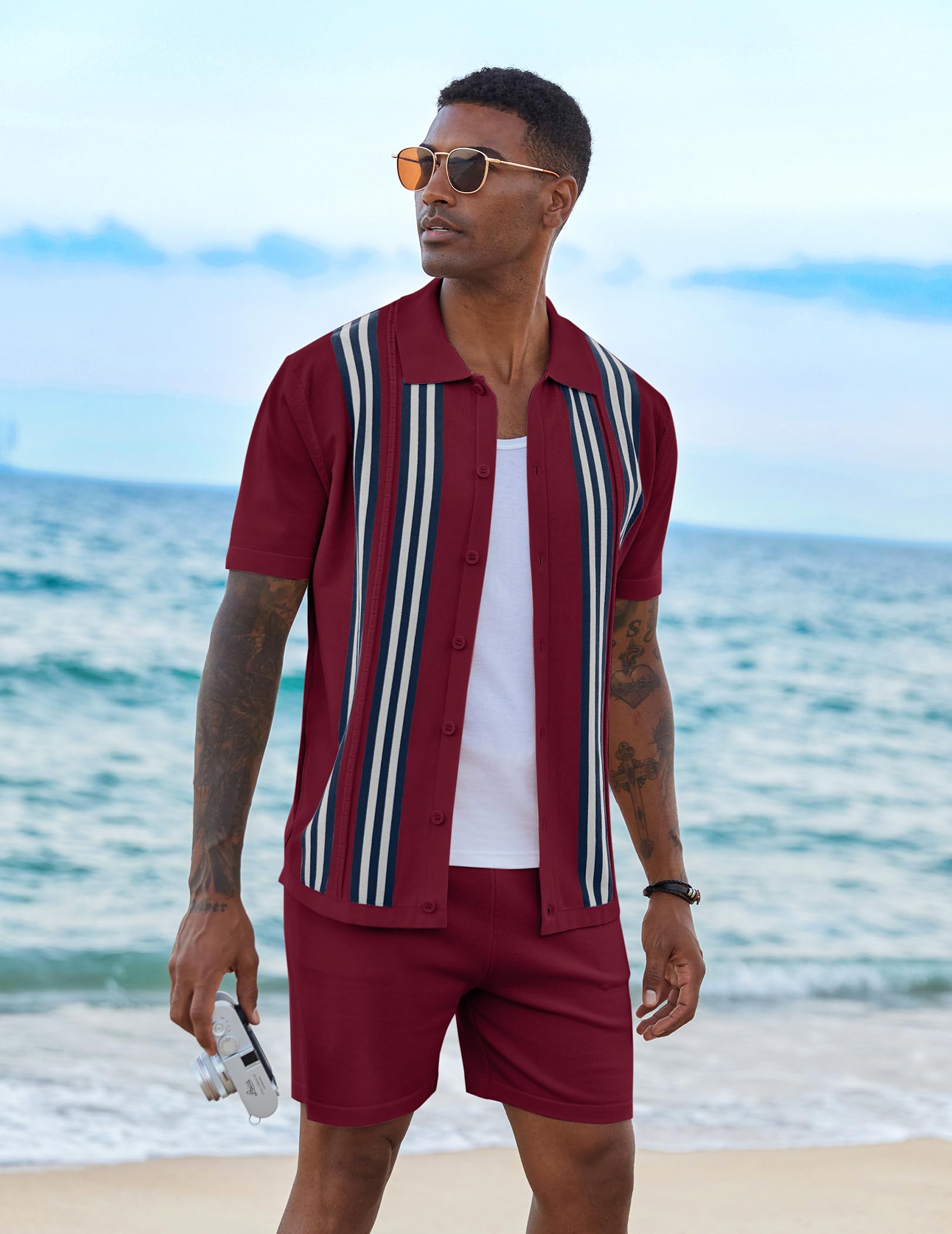 COOFANDY Men's 2 Piece Outfits Summer Short Sets Vintage Knit Button Down Shirt Short Sleeve Polo Casual Beach Suits