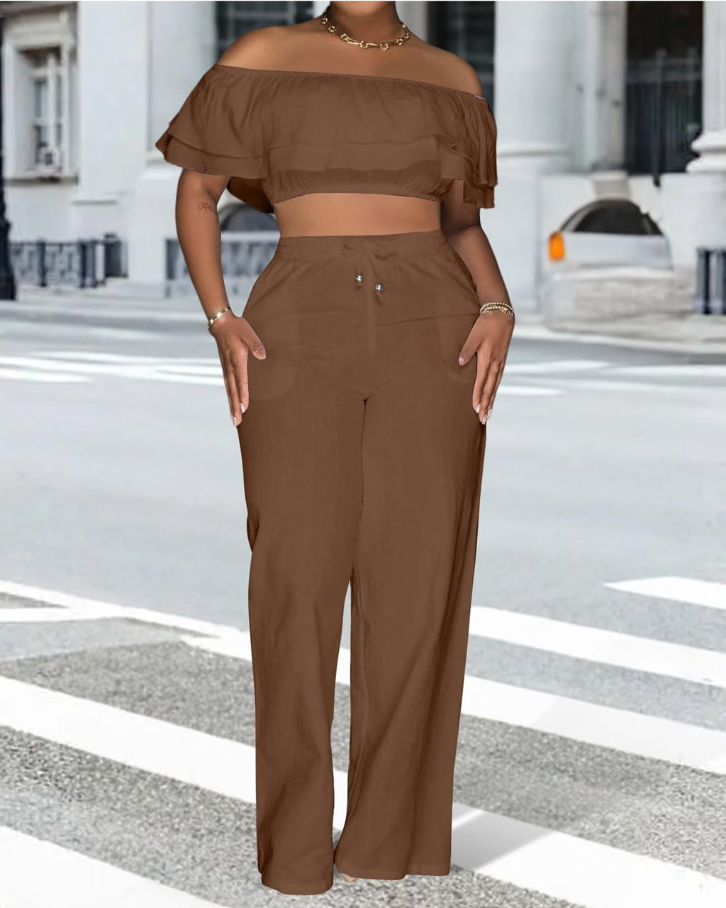Adogirl 2 Piece Outfits for Women Ruffle Trim Crop Top Wide Leg Pants Set | 2 Piece Sets, Outfit for Women, Off Shoulder, Short Sleeve, Wide Leg Pants with Pockets, Sexy Outfits, Vacation Outfits