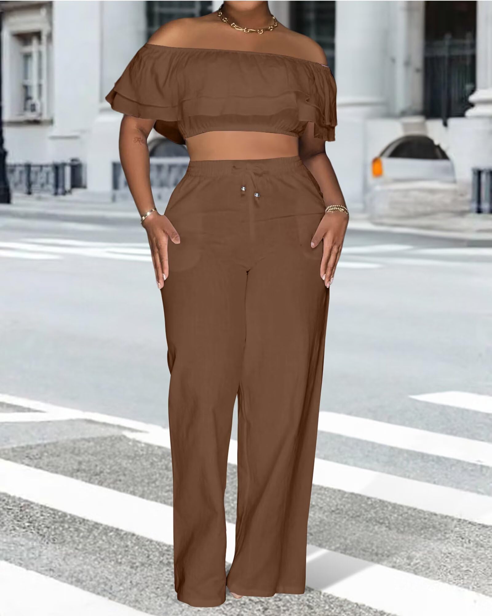 Adogirl 2 Piece Outfits for Women Ruffle Trim Crop Top Wide Leg Pants Set | 2 Piece Sets, Outfit for Women, Off Shoulder, Short Sleeve, Wide Leg Pants with Pockets, Sexy Outfits, Vacation Outfits