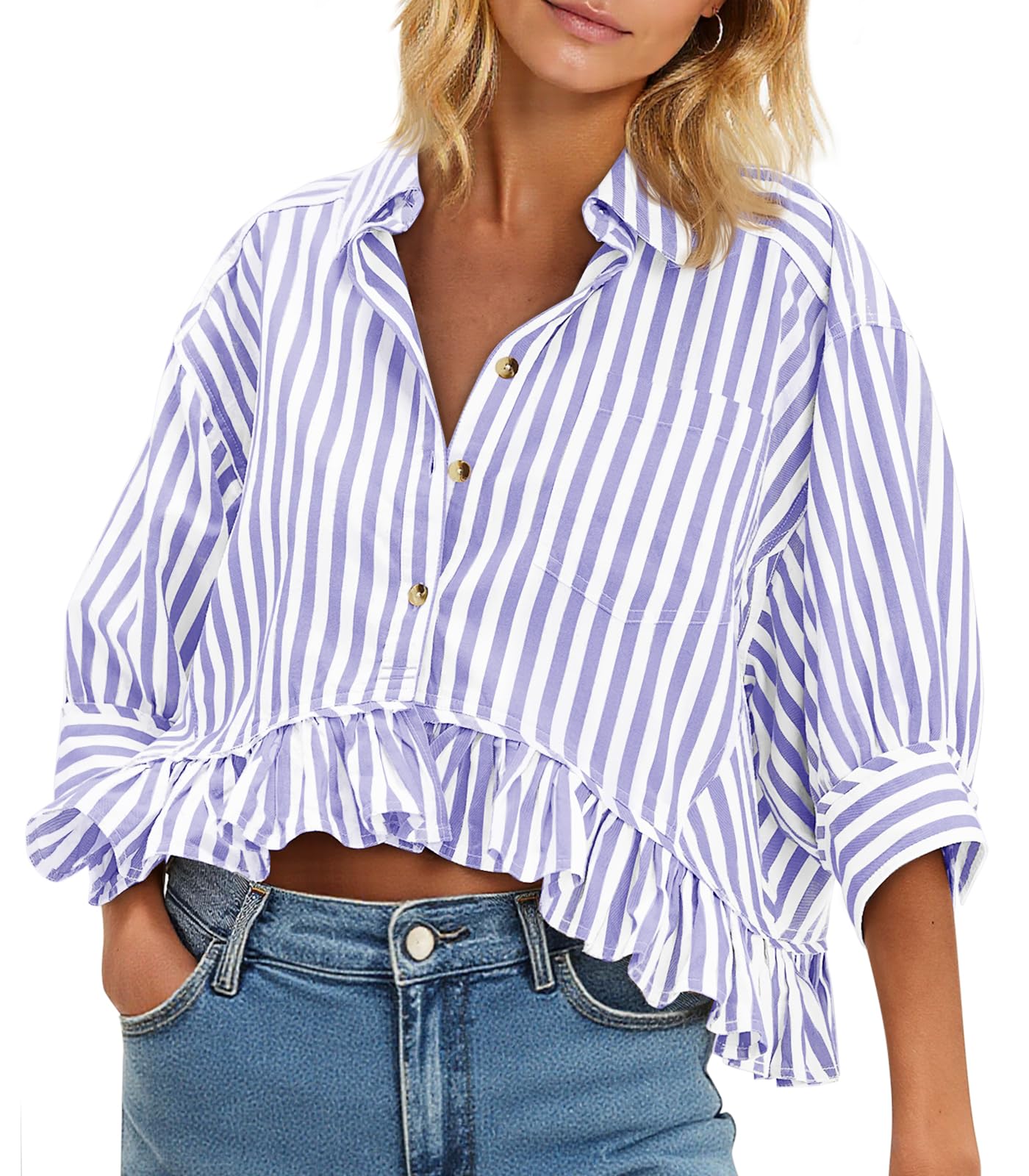 Cicy Bell Womens Cropped Striped Button Down Shirts Ruffle 3/4 Length Tops | Dressy Casual Blouses,Summer V Neck Tops,Vacation Outfits