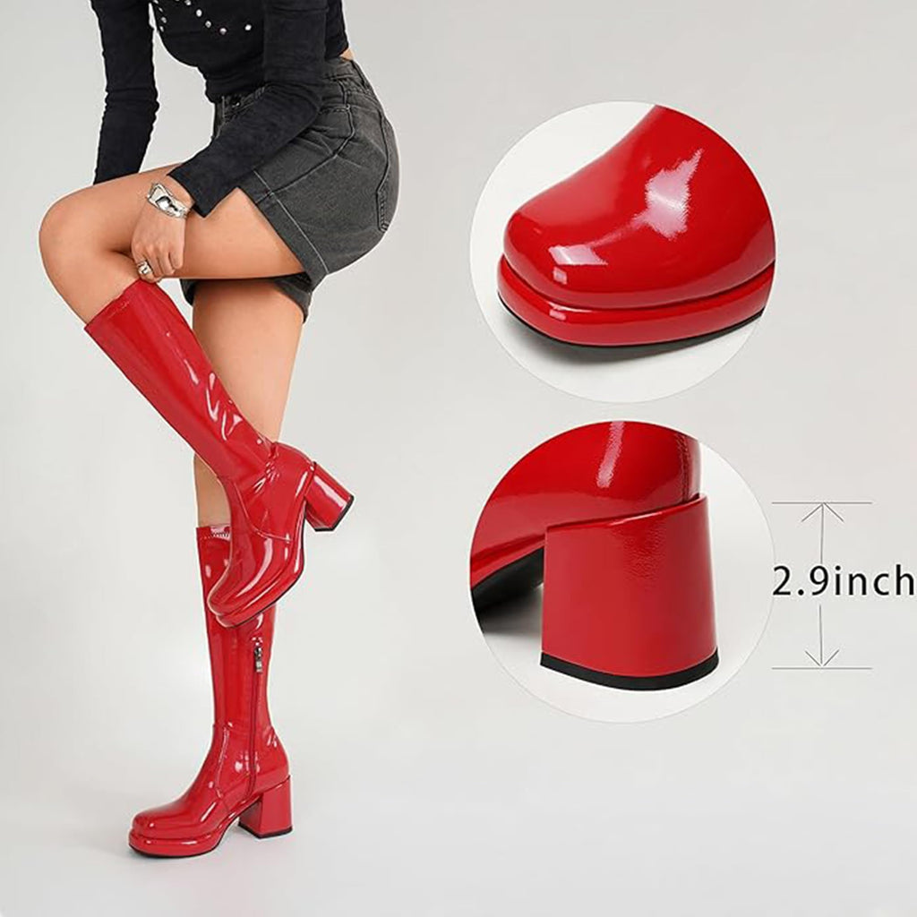 LanreyTaley Elastic Women Knee High Boots Platform Chunky Heel Tall Boots Suede Dress Boots Side Zipper Stretch Boots Fall