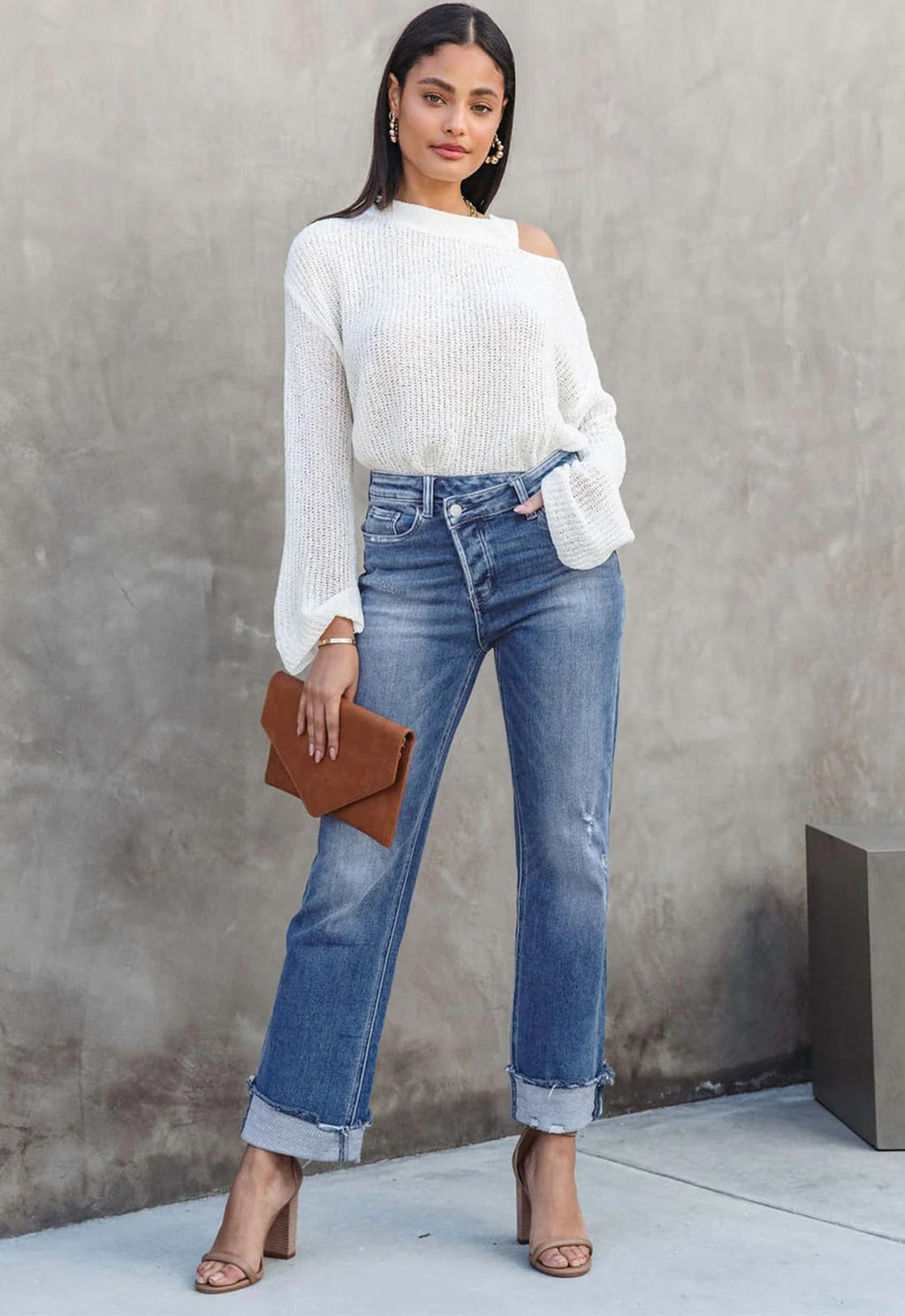Metietila Jeans for Women Trendy High Waisted Corssover Boyfriend Jeans Distressed Stretchy Denim Pants
