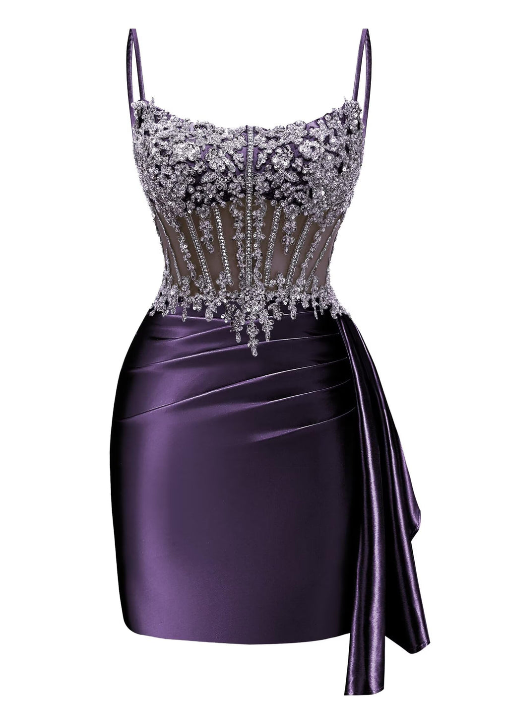 Satin Mermaid Homecoming Dresses 2026 Square Neck Beaded Short Prom Dress | Spaghetti Strap,Ruched,Tight,Bodycon,Sparkle,Sequin,Mini,Hoco Dresses,Club Dresses,Party Dresses