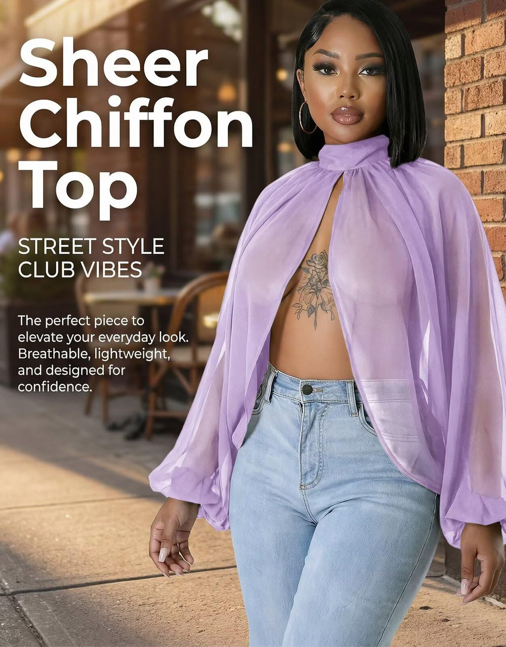 acelyn Women's Sexy See Through Chiffon Sheer Blouses Tops | Lantern Sleeve, Front Back Open, High Neck, Self Tie, Shawl Casual Shirts,Blouses Tops