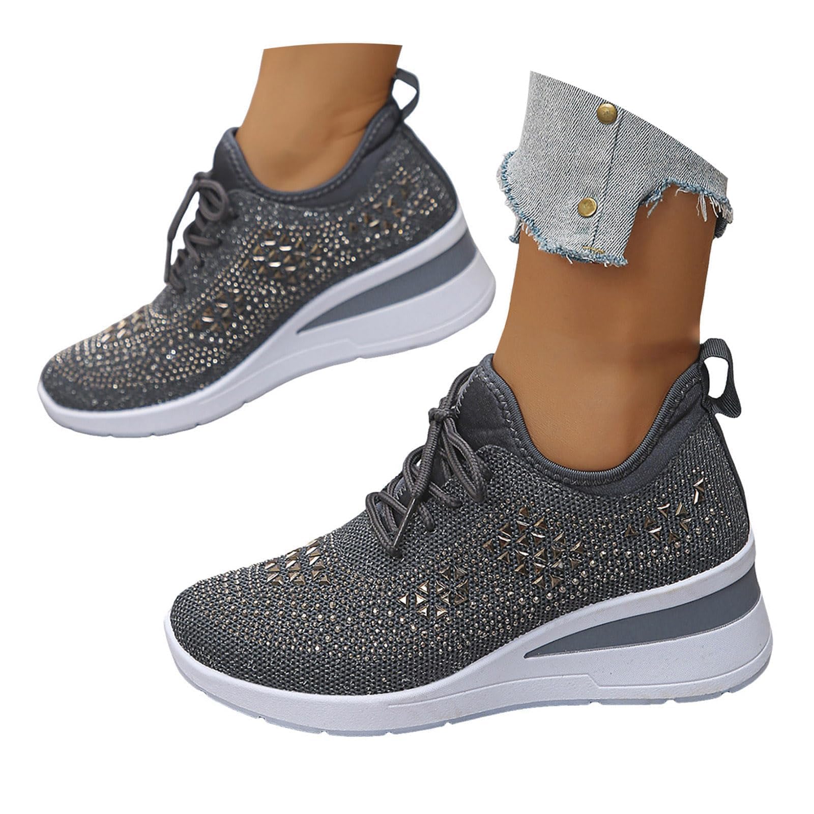 Rhinestone Wedge Sneakers for Women Dressy Fashion Breathable Spakle Glitter Wedding Sneakers for Bride Orthopedic Wedge Lightweight Shoes Sparkly Chunky Mesh Slip on Elastic Tennis Walking Shoes