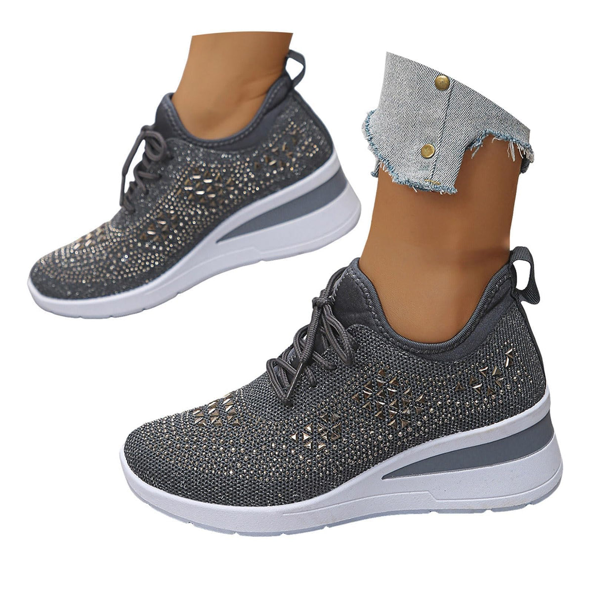 Rhinestone Wedge Sneakers for Women Dressy Fashion Breathable Spakle Glitter Wedding Sneakers for Bride Orthopedic Wedge Lightweight Shoes Sparkly Chunky Mesh Slip on Elastic Tennis Walking Shoes