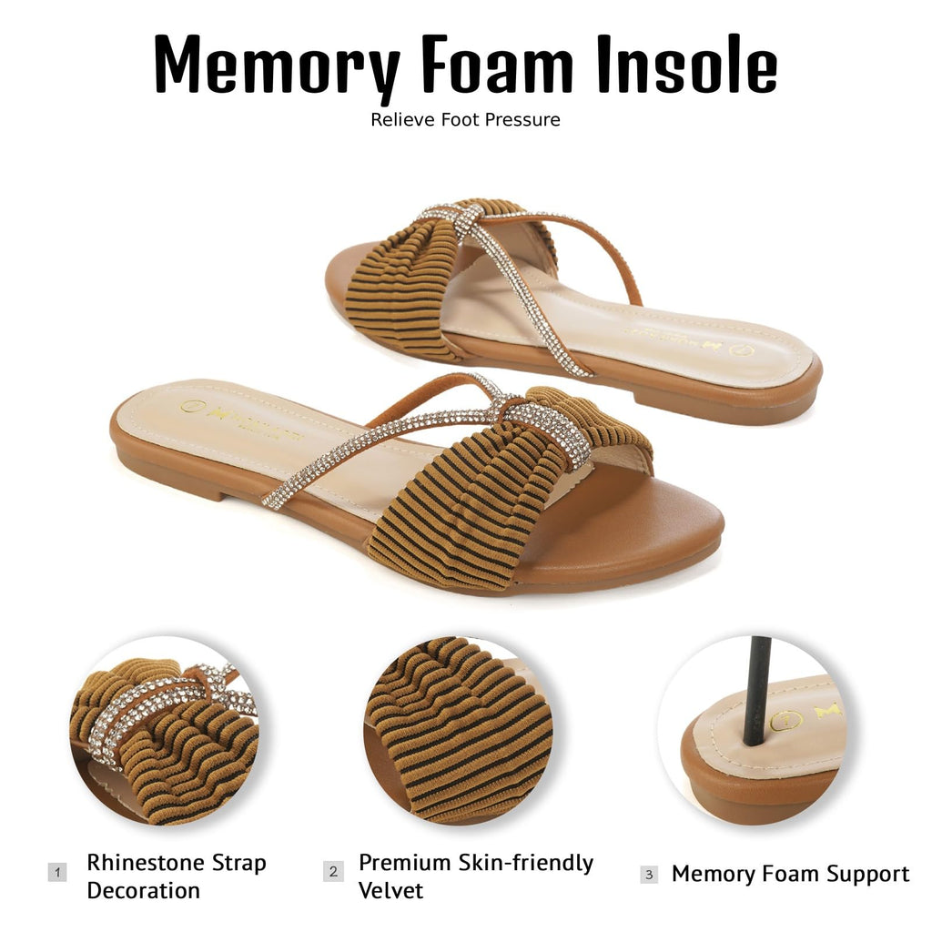 Women's Sandals Rhinestone Strappy Slides With Soft Memory Foam Insole, Dressy Open Toe Beach Slippers Flats for Summer