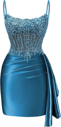 Satin Mermaid Homecoming Dresses 2026 Square Neck Beaded Short Prom Dress | Spaghetti Strap,Ruched,Tight,Bodycon,Sparkle,Sequin,Mini,Hoco Dresses,Club Dresses,Party Dresses