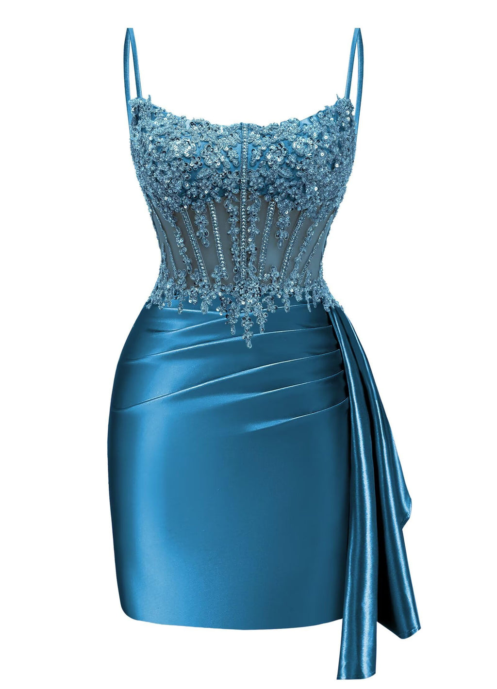 Satin Mermaid Homecoming Dresses 2026 Square Neck Beaded Short Prom Dress | Spaghetti Strap,Ruched,Tight,Bodycon,Sparkle,Sequin,Mini,Hoco Dresses,Club Dresses,Party Dresses