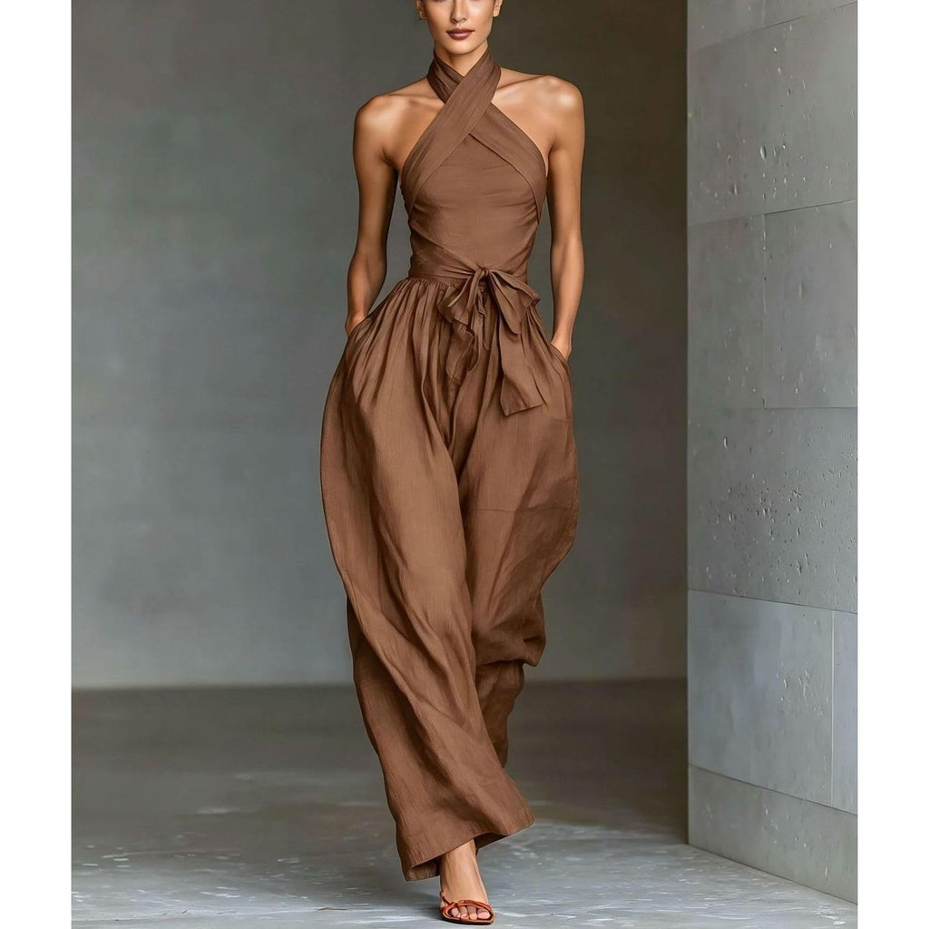 Backless Rompers for Women Casual Ink Printed Sleeveless High Waist Wide Leg Jumpsuit Sexy Halter Boho Vacation Party Outfits
